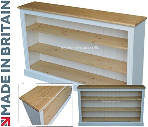Heartland Pine Solid Wood Low Bookcase, 3ft x 5ft White Painted &amp; Waxed Contrasting Adjustable Display Storage Shelving Unit. Bookshelves. No flat packs, No assembly (BK07-P)