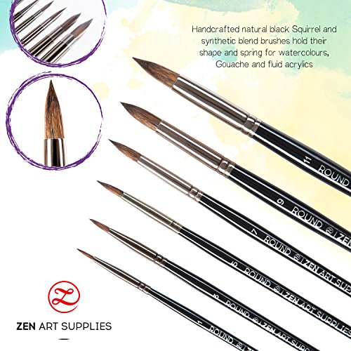 Künstler Pinsel Set für Gouache, Wasserfarben und Flüssige Acrylfarben – 6 Stück – Mischung aus Runden, Spitzen Langlebigen Eichhörnchen und Synthetik Haaren mit Kurzem Stiel – Black Tulip von ZenArt - 2