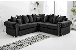 GENERIC Olympia Kashmir Plush Velvet Sofa - Corner Sofa - 3-Seater & 2-Seater Sofa for Modern Living Room - Button Tufted - Scatter Back (Black, Corner)
