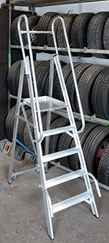 Alu Podestleiter / Fahrbare Leiter / 1 x 4 Stufen / 100cm Podesthöhe / ganze Stufe / Handlauf / 2,80 m Arbeitshöhe / mit Rollen und Griffen / verfahrbar