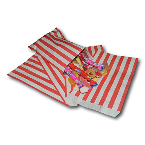 EPOSGEAR 100 Rot Süßigkeiten Streifen Papiertüten Süßes Geschenk Taschen Tüten 5" x 7" (125mm x 175mm) - Ideal für Geschenkläden, Hochzeitsbevorzugungen, Süßigkeiten Wagen, Buffets usw