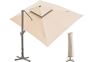 LKINBO Sonnenschirm 300 x 400 cm Rechteckig mit Ständer und Kurbel, Groß Ampelschirm Terrassenschirm 360°Drehbar Parasol Windfest Gartenschirm Wasserdicht Marktschirm für Garten Deck Outdoor, Khaki
