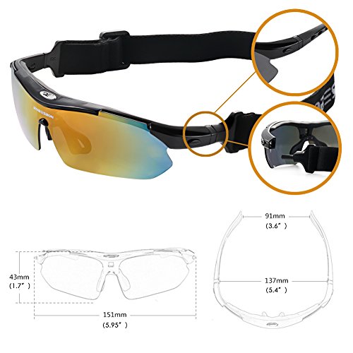 Sonnenbrille, Robesbon 5 in 1 Polarisiert Sportbrille / Fahrerbrille Verspiegelt mit 5 Brillengläser und Tasche für Herren und Damen, Geeignet für Fahrren und Sport wie Radsport, Schwarz - 8