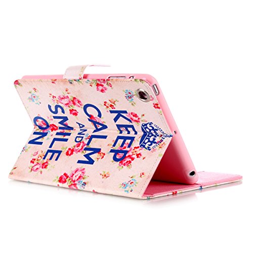 iPad mini 2 Lederhülle – Felfy Slim Full Body Keep Calm and Smile Flower Muster PU Case Cover Etui Schutz Hülle Tasche für Apple ipad mini 3 mini 2 mini 1 + 1x Pink Blume Anti Stöpsel + 1x Rosa Stylus - 4