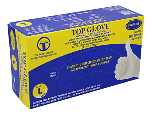 Top Glove Lightly Powdered Disposable Latex Gloves - AQL 1.5 - Box of 100 (Large)