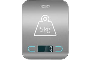 Cecotec Báscula de Cocina Digital de Alta Precisión CookControl. Plataforma de Acero inoxidable, Antihuellas, Diseño extraplano, Pantalla LCD, Capacidad máxima de 5 kg, Precisión de 1g