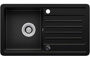 Rein Schwarz LINDBERGH® Granit Spüle "VEL44" + Siphon Einbauspüle Küchenspüle Spülbecken + DREHEXCENTER - Verbundstoffe MADE IN GERMANY (6. Spüle VEL44)
