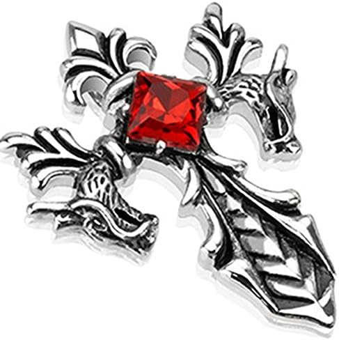 Urban HQ Stainless Dragon Heads on Dagger Cross with Ruby Cubic Zirconia Stone Pendant - Approx size 37mm x 47mm (1.45" wide x 1.8" long) Supplied on A 20" Chain Necklace