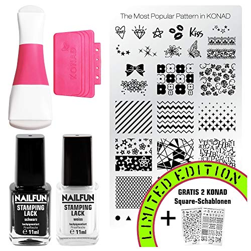 Kit de Estampado KONAD/NAILFUN con Sello, Placa de Diseños y Esmaltes Especiales