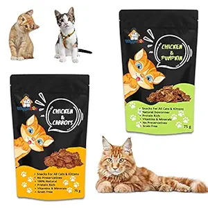 WiggleBoo Cat Treats Combo | Chicken-Carrot + Chicken-Pumpkin | 100% Natural Crunchy Snack (75g + 75g)