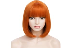 PORSMEER, Krótka gładka peruka z grzywką dla kobiet i dziewcząt, syntetyczne peruki z grzywką, odporne na ciepło, odporne na wysokie temperatury, kolor czerwony