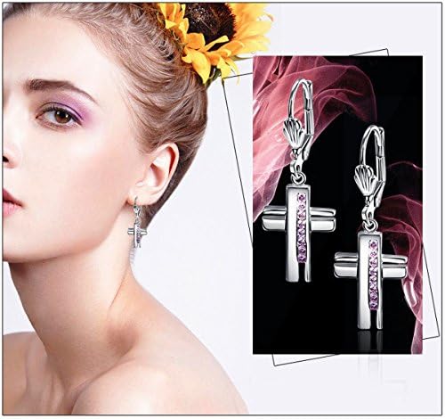 Princess Cut PINK Topaz Cross Cocktail Party Long Earrings 18K White Gold Plated Wedding