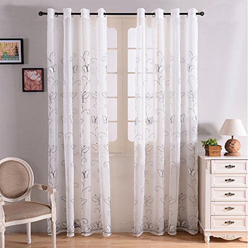 Top Finel Embroidered Butterfly Voile Window Net Voile Curtain Panels For Living Room 54-inch Width X 84-inch Length,Grommets,Single panel,White