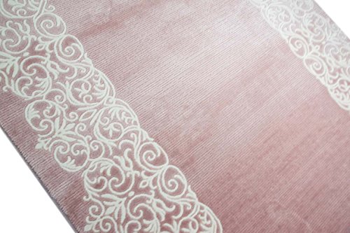 Designer Teppich Moderner Teppich Wollteppich Bordüre Design mit Fransen Wohnzimmer Teppich Rosa Creme Größe 80 x 300 cm - 3