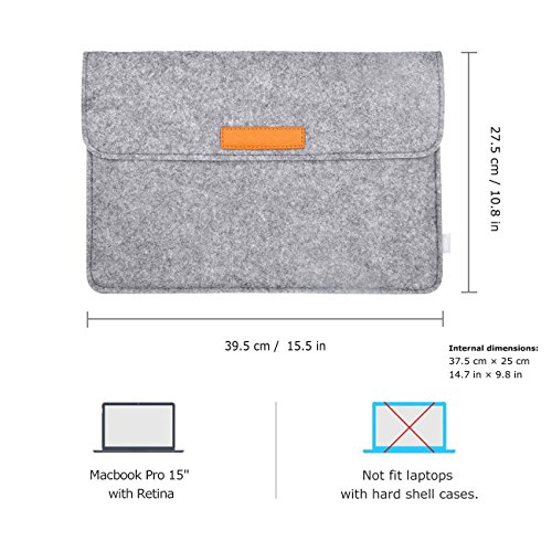 Inateck 15,4″ Macbook Pro Retina Filz Sleeve Hülle Ultrabook Laptop Tasche Speziell für Apple Macbook pro 15,4 Zoll entworfen [Größe: 39,5 cm x 26,5 cm, Verschluss mit Klettband, Farbe: Grau] - 2