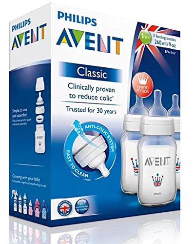 Philips Avent 1m+ classic feeding bottles with anti-colic system triple pack 260ml/9oz bpa free