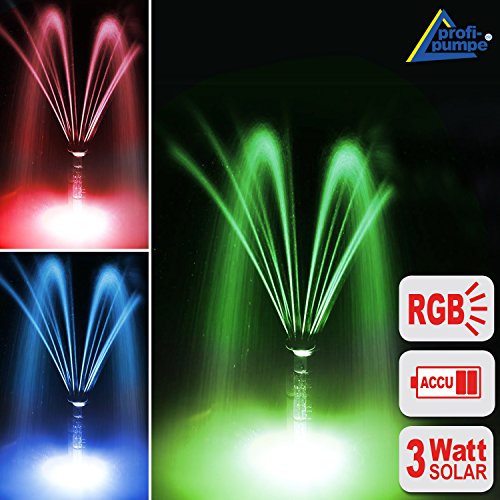 Preisvergleich Produktbild SOLARTEICHPUMPE SOLAR SPRINGBRUNNEN SOLARPUMPE GARTENBRUNNEN OSLO 300 (Rot, grün, blau) Licht + Remote Solar Teichpumpen Set 3 Watt mit FERNBEDIENUNG, max. 300L / h, WASSERSPIEL SOLAR Springbrunnen mit STABILEM ALU-RAHMEN, Akku-Betrieb, Licht, Timer und Memory-Funktion f. GARTEN TEICH 2-6qm!
