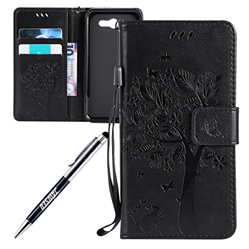 Galaxy J3 2017 Case, Galaxy J3 Prime 2017 Cover, JAWSEU 3D Embossing Tree and Cat Luxury Premium PU Leather Flip Cover for Samsung Galaxy J3(2017) Protective Skin with Silicone Case Credit ID Card Slots Magnetic Closure Stand Protector Wallet Pouch for Samsung Galaxy J3 2017 / J3 Prime / J3 Emerge - Tree & Cat, Black