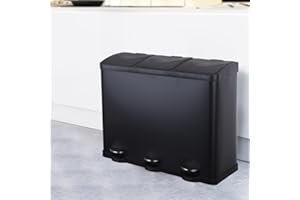 STARNINE 60L Triple Compartment Recycling Bin 3 Compartment Kitchen Pedal Dust Bin Stainless Steel Commercial Waste Bin With Free 28 Roll Bin Bag Liners & Stickers (Black, 60L)