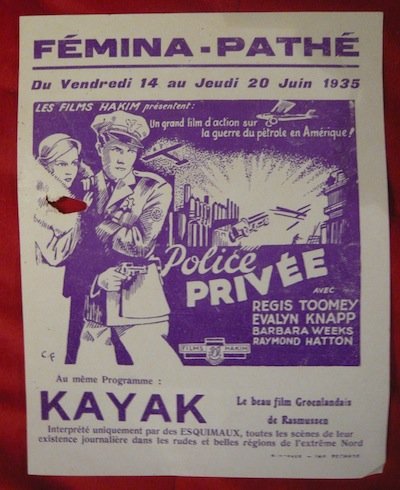 Affichette du film Police privée et Kayak (1935)
