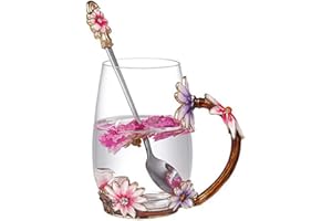 Evecase emaliowana szklana filiżanka do kawy / herbaty z motywem kwiatowym (Butterfly Flower), prezent dla kobiet, spersonalizowany prezent dla mamy, przyjaciółki, na urodziny, Boże Narodzenie, Dzień Matki