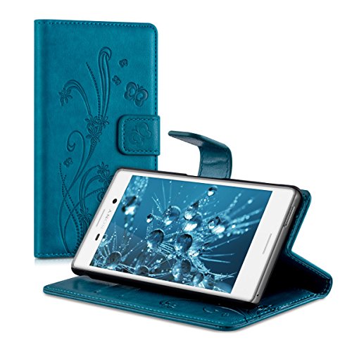 kwmobile Funda para Sony Xperia M4 Aqua - Wallet Case Plegable de Cuero sint  tico - Cover con Tapa Tarjetero y Soporte Dise  o Zarcillos y Mariposas en Azul Oscuro