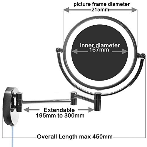 LED Wandspiegel KosmetikSpiegel 8,5 Zoll mit EU-Stecker, 10x Vergrößerung, beleuchtedte Kosmetik Spiegel, Make-up, Rasieren, Badezimmer Spiegel, Spiegel 360 ° drehbar, verstellbare Arm, doppelseitigen Standard und 10 Fach Vergrößerung, KXD3132-10x - 4