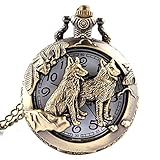 Material: Legierung (Bronze) joyliveCY Taschenuhr mit Wolf-Motiv, mit Quarz-Uhrwerk und Halskette, cooler Stil, antiker Stil, hohl, Bronze