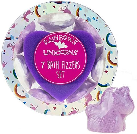 7 Unicorn Lilac &amp; White Bath Fizzers with Heart Shaped Sponge
