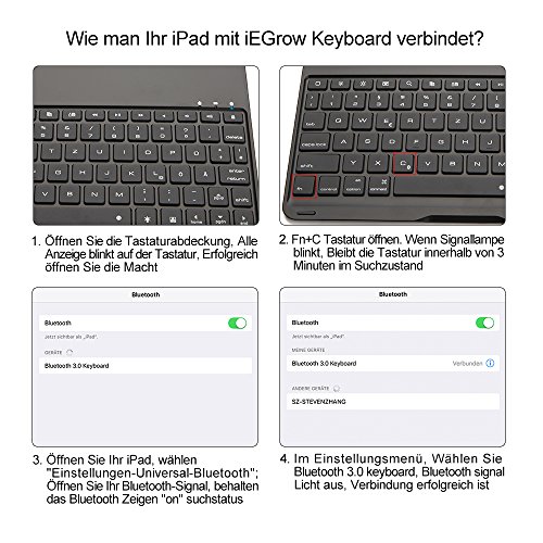 iPad Air 2 Tastatur Case Hülle, iEGrow F8S+ Deutsche Bluetooth Tastatur-Fall Case Cover mit 7 Farben Hintergrundbeleuchtung für iPad 6, Schutzhülle mit mit Auto Wake / Schlaf Funktion [QWERTZ Deutsches Tastaturlayout] Schwarz - 7