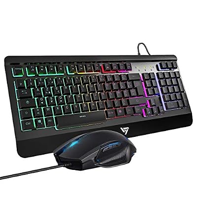 VicTsing Clavier Gamer et Souris Filaire USB Optique Programmable, Clavier AZERTY Ultra-mince à Rétroéclairage LED avec Repose-poignet Ergonomique pour PS4, PC, Ordinateur Portable/Bureau, Jeux