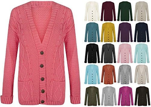 FLAVES FASHION (FF11 Women Ladies Long Sleeve Button Top Chunky Aran Cable Knitted Grandad Cardigan