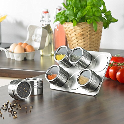 Edelstahl-Gewürzgläser, 6-teilig Magnetischer Würze-Topf mit Trestle & Rotating Transparent Deckel von Xuanlan (rund, silber) - 5