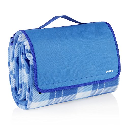 INTEY Picknickdecke 200 x 175 cm mit Weicher Fleece Oberseite und Wasserabweisender Unterseite, Riesengroße Campingdecke mit Handgriff, Blau/ Weiß