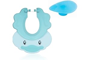 CQQNIU 1 gorro de ducha azul para bebé, sombrero de sol ajustable, bonito gorro de baño para niños, protege los ojos y las orejas del bebé durante el champú y el baño (peine de baño gratuito), Bleu