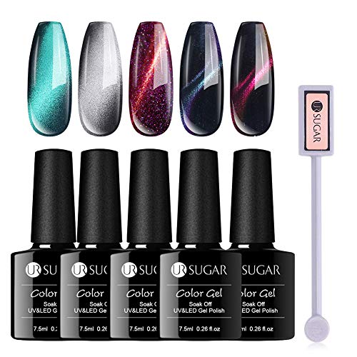 UR SUGAR 7,5ml Vernis Semi Permanent Cat Eye Vernis à Ongles Gel Magnétique Oeil de Chat Lot de 5Pcs UV LED Kit de Manucure Caméléon avec Aimant