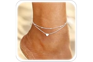ESHIONER Bracelets De Cheville Pour Femme Acier Inoxydable Argenté Bicouche Bracelet De Cheville Pied Plage Coeur Pendentifs Bracelet Cheville Etanche Bijoux Bracelets Chaine De Cheville Femme