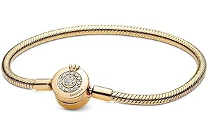 Pandora Signature Moments Pozłacana 14-karatowym złotem bransoletka o splocie wężykowym z przezroczystą cyrkonią, okrągłe zapięcie, korona, 19