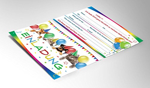 12 Einladungskarten zum Kindergeburtstag / Einladungen zum Geburtstag für Mädchen und Jungen „lustige Katzen und Hunde“ - 3