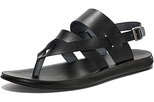 Harssidanzar Men’s Leather Sandals,Summer Comfort Outdoor Adjustable Ankle Strap Flat Slip On Sandals For Men KM218