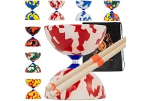 Juggle Dream Jester Diabolo Set with Wood Sticks - Pro Medium Rubber Diablo Set With Wooden Handsticks and Cascade Carry Bag (Red and White)