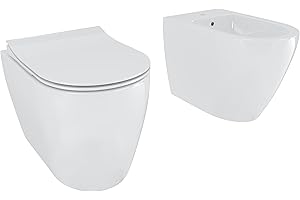 ARREDITALY Coppia Sanitari Filomuro Filo Muro Filo Parete Vaso WC E Bidet Design Moderno In Ceramica Con Copriwater Chiusura Soft Close Chiusura Rallentata (Bianco Lucido)