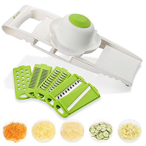 zanmini Rallador de Verduras, Mandolina Profesional, Cortador Manual, Picadora de Alimentos, Multiusos rebanador con 5 Hojas de Acero Inoxidable Intercambiables
