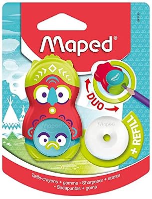 Maped - Duo Taille-Crayon/Gomme Loopy - Taille-Crayon avec Réservoir + 1 Trou - Gomme Blanche Rotative sans PVC + Recharge - Avec Capuchon de Protection - Design Totem Rouge/Vert