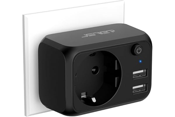 JSVER Toma de corriente multipared, enchufe USB portátil, color negro