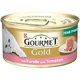 Gourmet Gold Katzenfutter Feine Pastete mit Forelle und Tomaten, 12er Pack (12 x 85 g) Dosen