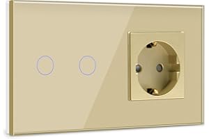 BSEED Interrupteur tactile avec prise 2 voies - 1 voie - Interrupteur mural avec affichage LED - Encastré - Interrupteur tactile avec cadre en verre - 157 mm - Or - 500 W (non intelligent)