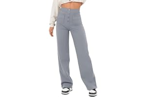 BUKKNYE Women's Casual Straight Leg Pants High Waisted Flat Front Button Down Stretch Chino Fashion Boyfriend Cargo Work Pants