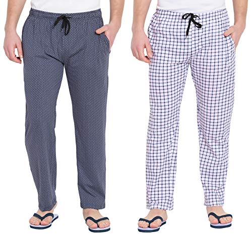 Fflirtygo Mens Pyjama Cotton Combo, 100% Hosiery Cotton Export Quality Fabric, (Pack of 2) Sleep Pants, Pyjama for Men, Night Wear Pajama – Pink Check and Blue Printed Combo Pack Men’s Pajama