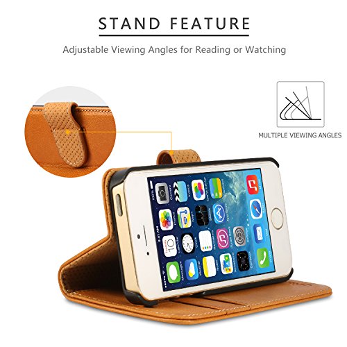 iPhone SE Case, iPhone 5S case, SHIELDON iPhone 5S Wallet case [Lifetime Warranty] Flip Leather Case with [Kickstand] [Card Slots] [Magnetic Closure] Folio Book Cover for iPhone 5 / 5S / SE - Brown